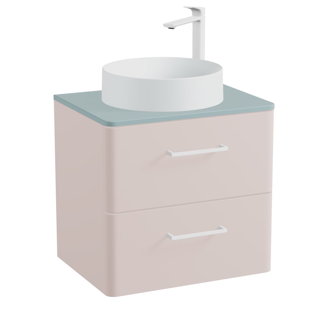 Vado Cameo 600mm Pink Clay Wall Hung 2 Drawer Vanity Unit, Cove Blue Worktop & Arctic Basin