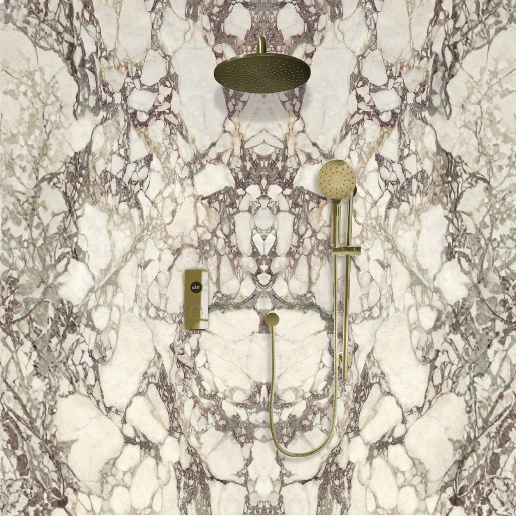 TED TOGO Brushed Brass Dual Outlet Digital Slide Rail Shower Set Lifestyle 1