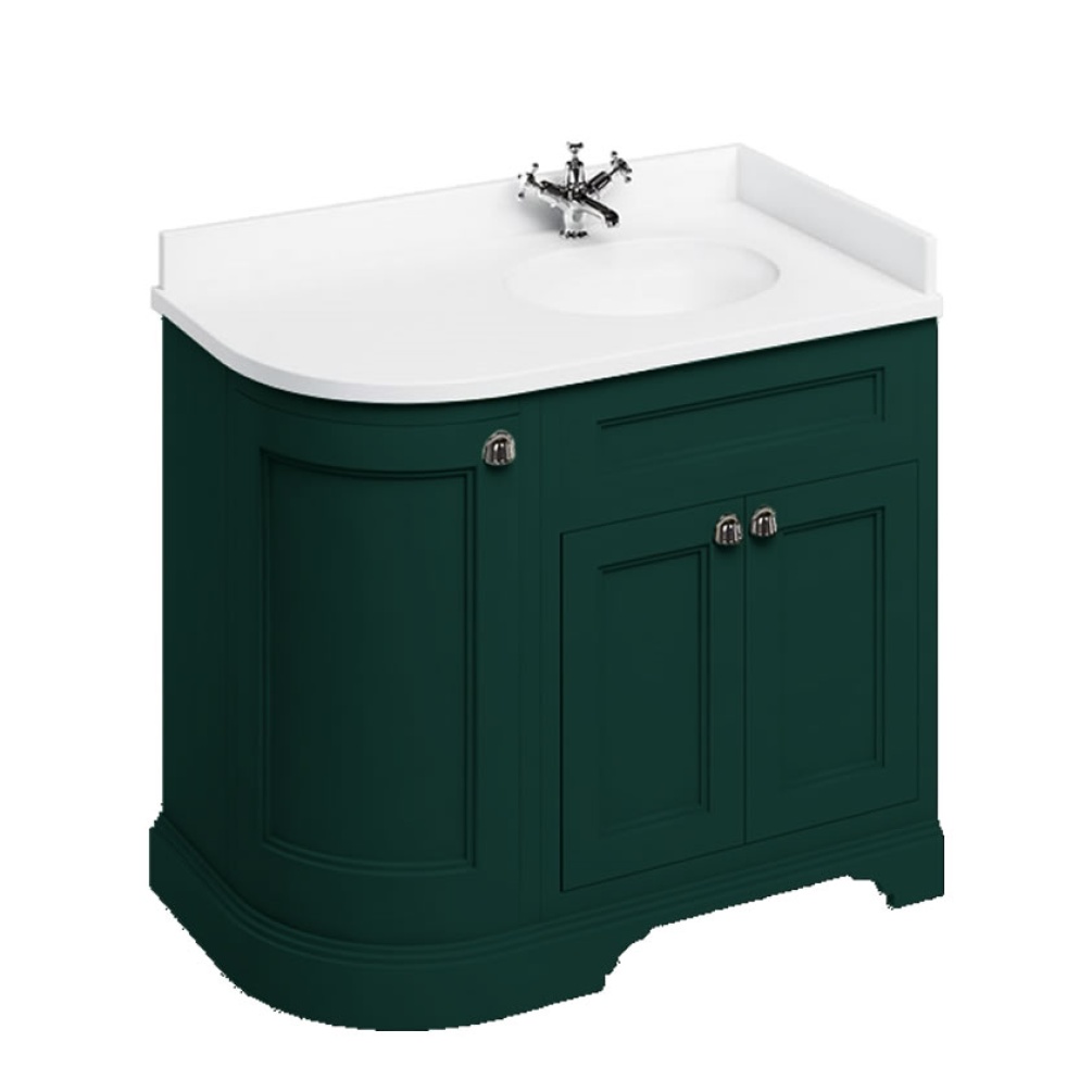 Burlington Minerva 980mm Right Handed Curved White Worktop & Matt Green Freestanding Vanity Unit