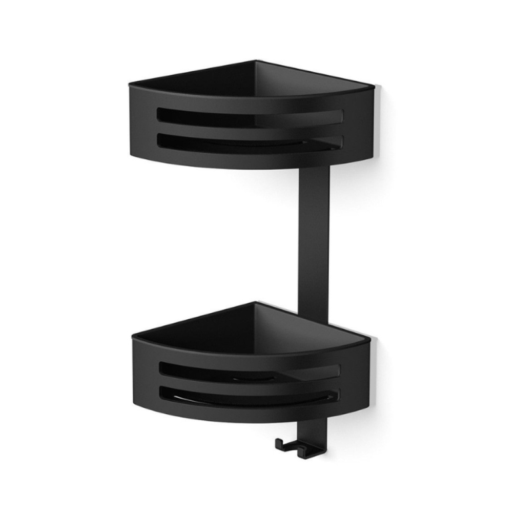 Product Cut out image of the HIB Matt Black Two Tier Corner Shower Basket with Removable Tray