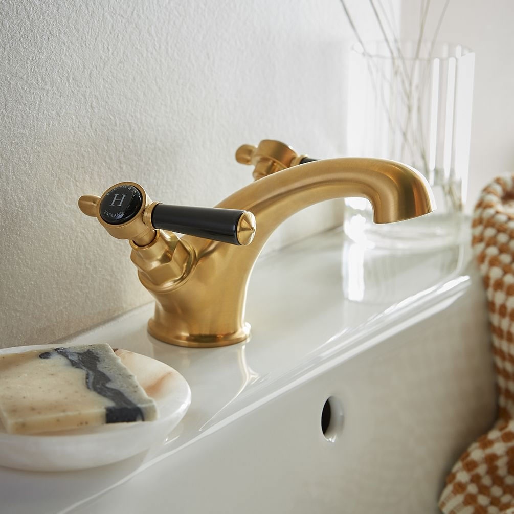 Booth & Co. Axbridge Black Lever Brushed Brass Mono Basin Mixer - Lifestyle Image