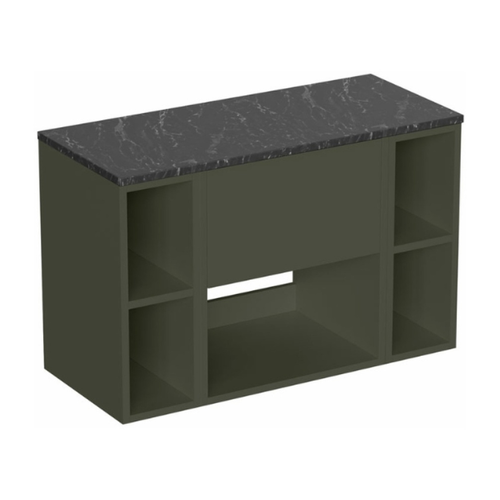 Cut out image of the Britton Hackney Earthy Green 900mm Wall Hung Vanity Unit with Marquina Worktop & Two Shelf Units