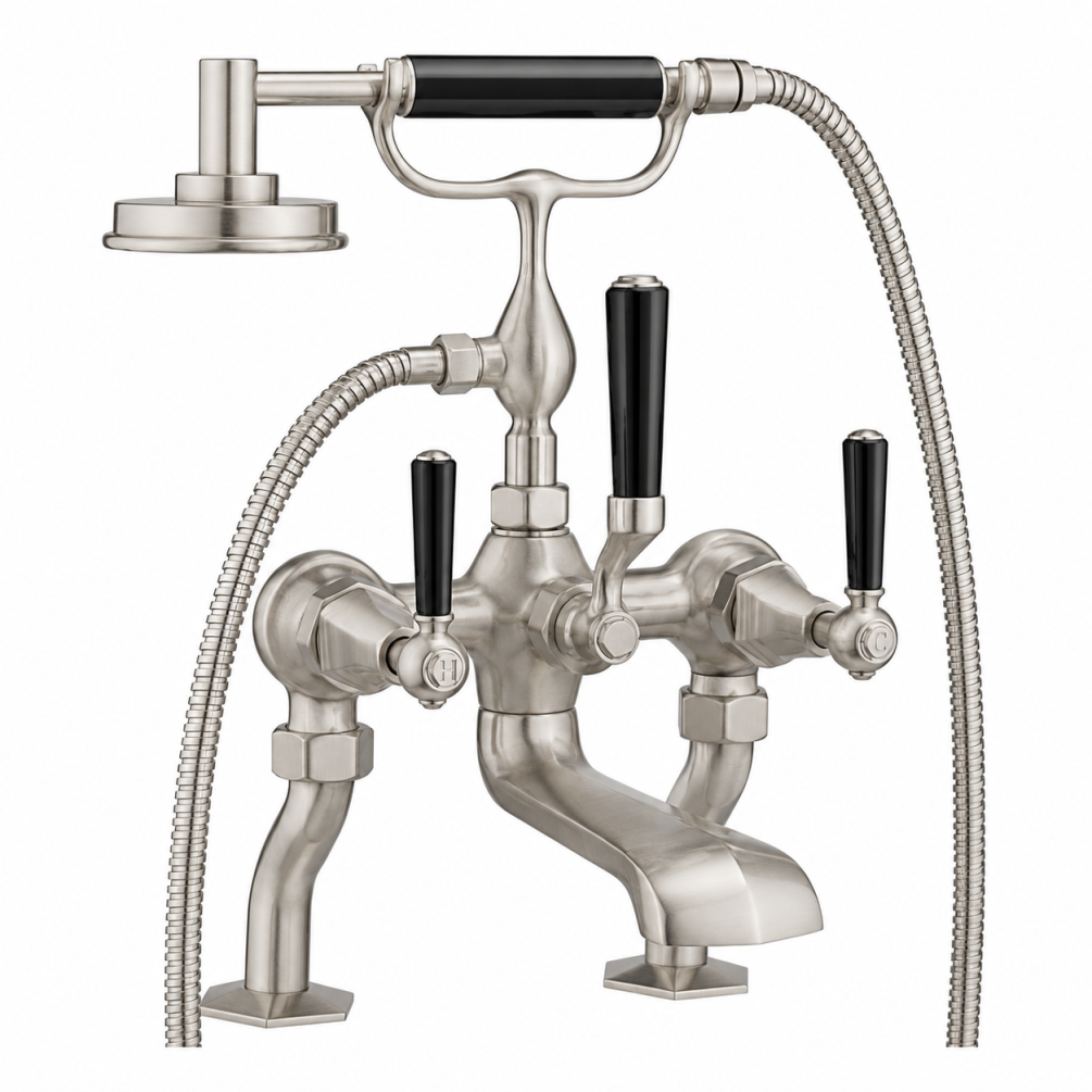 Cut out image of the Crosswater Waldorf Brushed Nickel Deck Mounted Black Lever Bath Shower Mixer