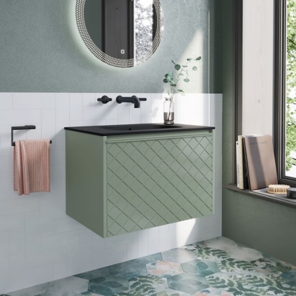 Lifestyle image of Crosswater Vergo Sage Green Wall-Hung Vanity Unit with Basin