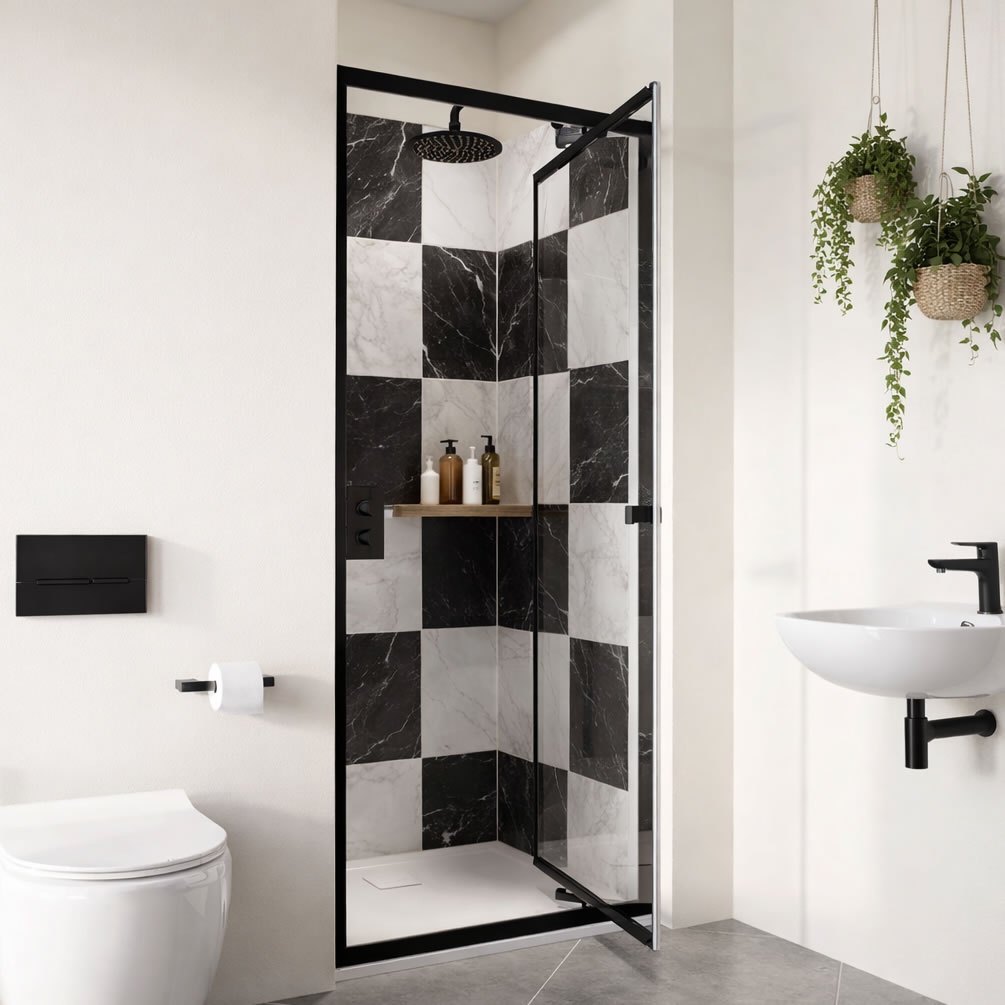 Cutout image of Dune Matt Black 800mm Infold Shower Door