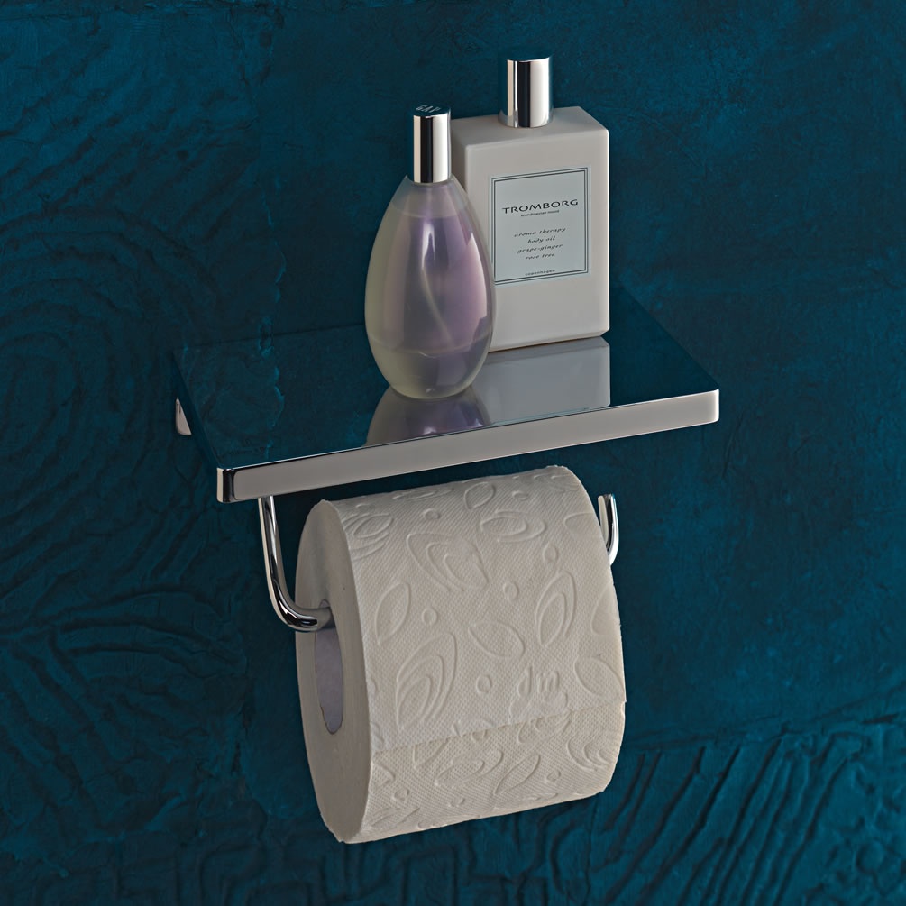 Lifestyle image of Villeroy & Boch Elements Striking Chrome Toilet Roll Holder & Shelf
