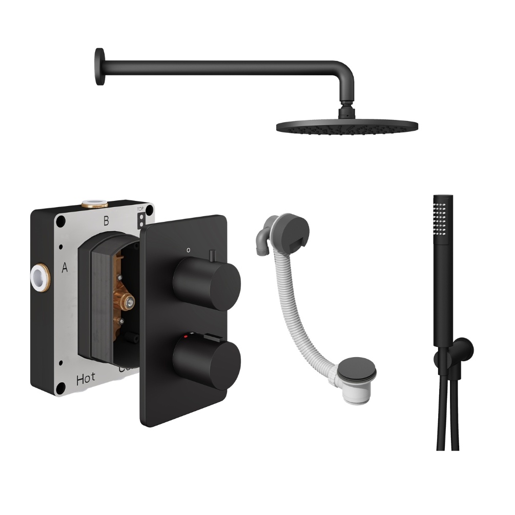 Product Cut out image of the Abacus Iso Matt Black 3 Outlet Shower Pack with Bath Filler & Handset