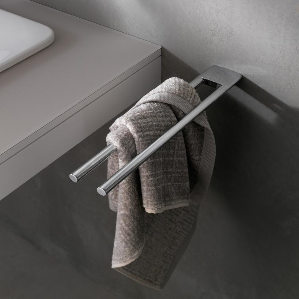 Product Lifestyle image of Keuco Edition 400 Chrome Double Arm Towel Holder 11518 010000 with a towel