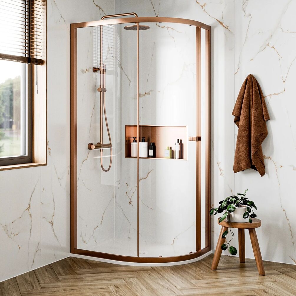 Lifestyle image of Crosswater Clear 6 Brushed Bronze 1200 x 800mm Offset Shower Quadrant