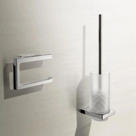image of KEUCO Edition 11 Chrome Toilet Brush Set on wall with toilet roll holder