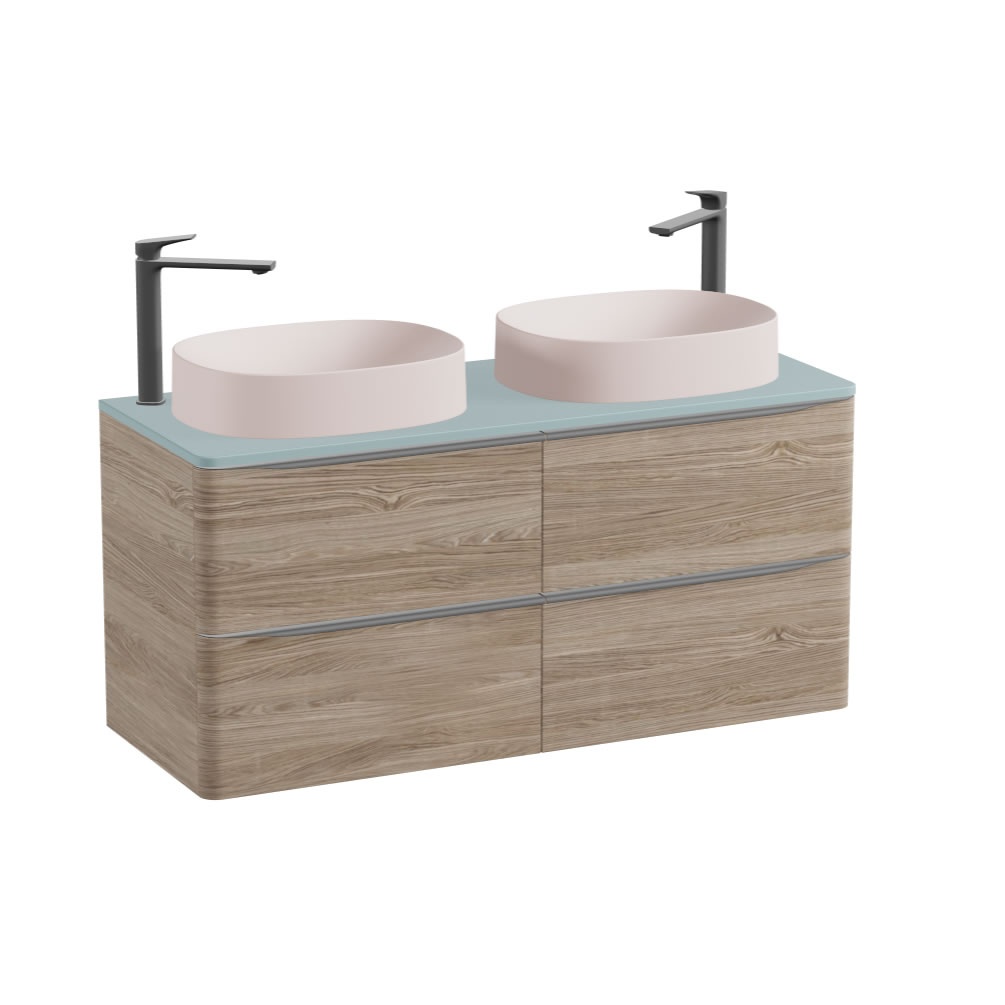 Vado Cameo 1200mm Natural Oak Wall Hung 4 Drawer Vanity Unit, Cove Blue Worktop & Pink Clay Oval Basins