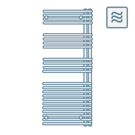 iconography image of a heated towel rail radiator with icon for heating shown in top corner of three wavy lines