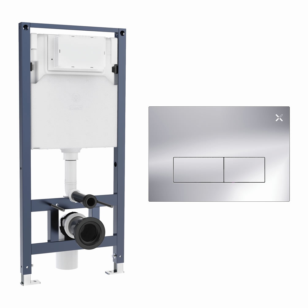 Cutout image of Crosswater 1120mm Wall-Hung Cistern Frame & MPRO Stainless Steel Chrome Dual Flush Plate