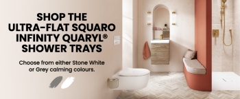image of a Squaro Rectangular Shower Tray in orange bathroom with herringbone floor, wall hung unit and toilet with text overlaid saying 'shop the ultra-flat squaro infinity quaryl shower trays'