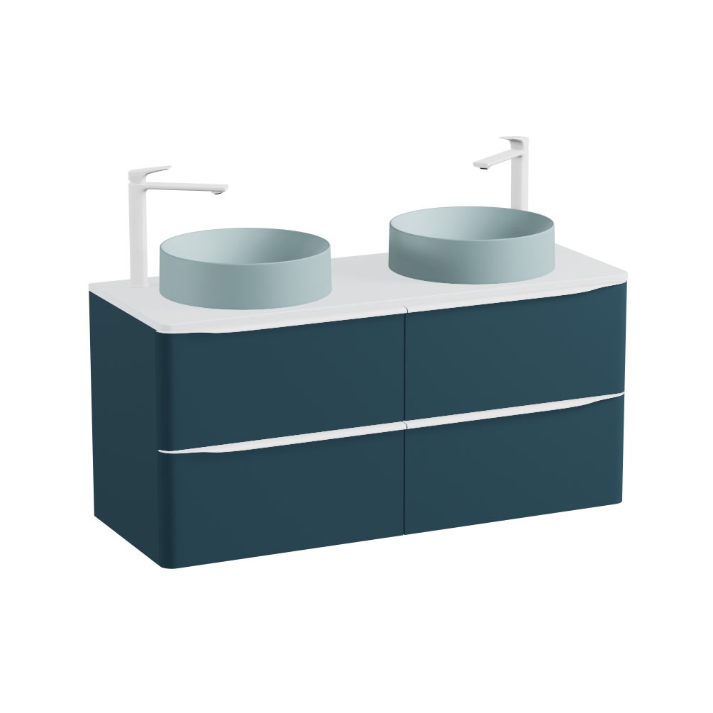 Vado Cameo 1200mm Atlantic Blue Wall Hung 4 Drawer Vanity Unit, Arctic Worktop & Cove Blue Basins