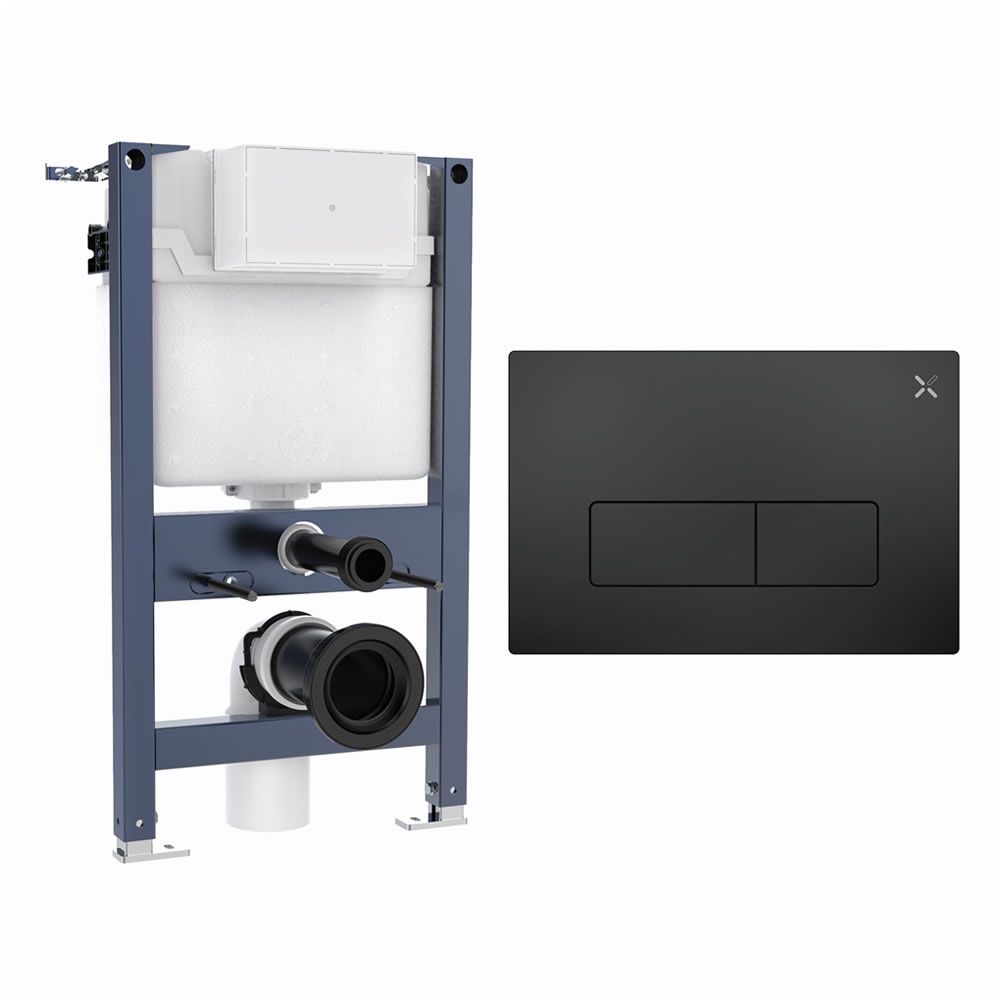 Cutout image of Crosswater 820mm Wall-Hung Cistern Frame & MPRO Matt Black Dual Flush Plate