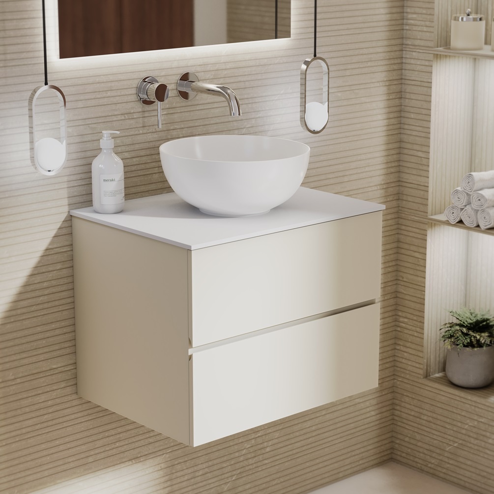 product lifestyle image of Zero Sahara Silk 600mm Double Drawer Wall Hung Vanity Unit and Matt White Worktop 1042-BL1162C-L055K