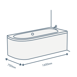 iconography image of a bathtub with 1600mm length text and 700mm width text illustrating this sized bath