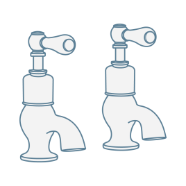 Iconography image of separate hot and cold water deck mounted bath pillar taps with lever handles