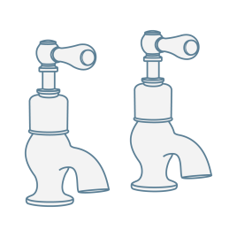 Iconography image of separate hot and cold water deck mounted bath pillar taps with lever handles