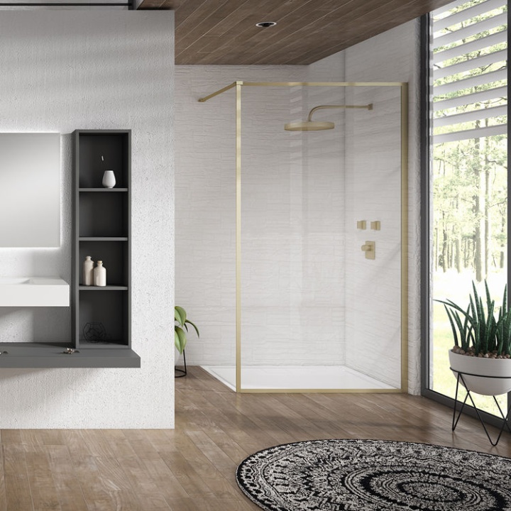 Product Lifestyle image of the Aquaglass Velar Brass Framed Shower Enclosure
