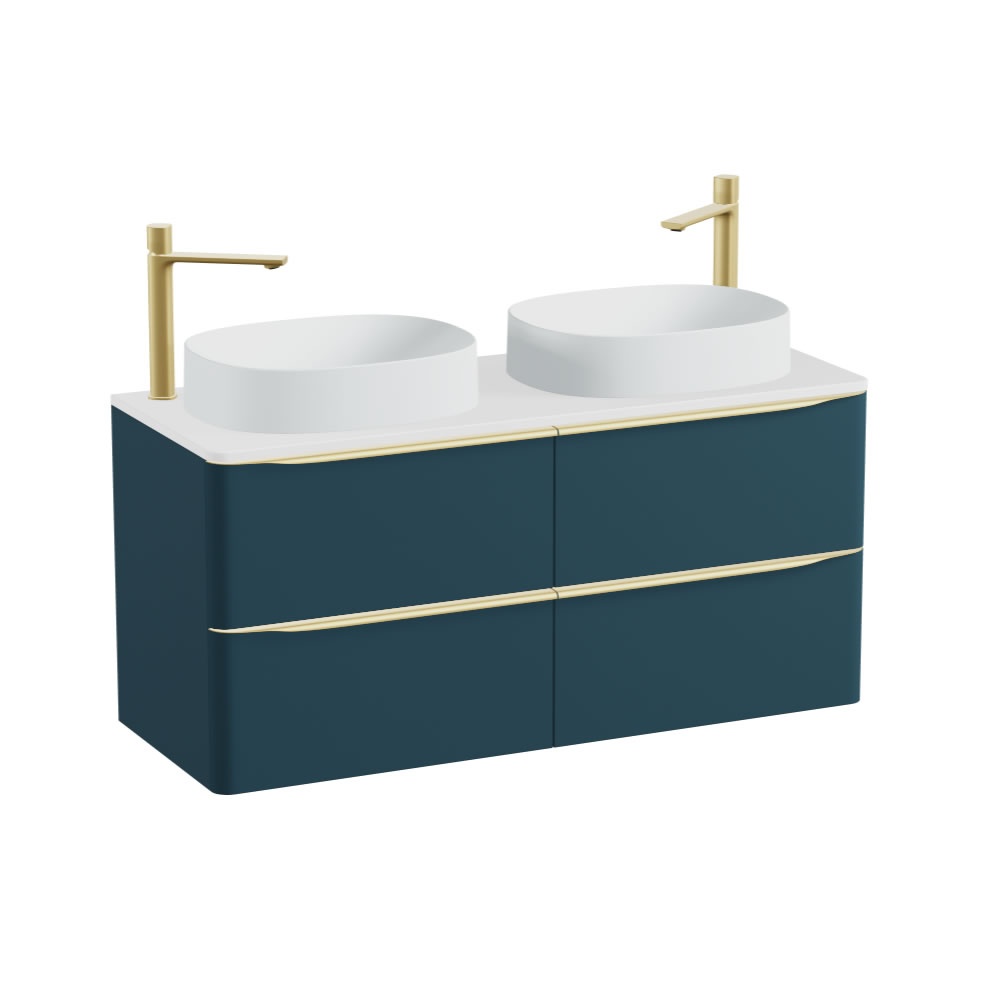 Vado Cameo 1200mm Atlantic Blue Wall Hung 4 Drawer Vanity Unit, Gloss Worktop & Arctic Oval Basins