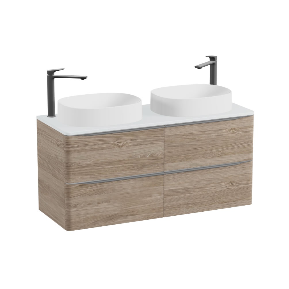 Vado Cameo 1200mm Natural Oak Wall Hung 4 Drawer Vanity Unit, Arctic Worktop & Gloss Oval Basins