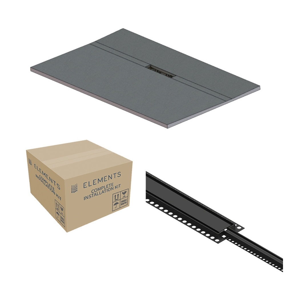 Cut out image of the Abacus Elements Linear Uno 1600mm x 900mm Matt Black Offset Drain Wetroom Former Kit
