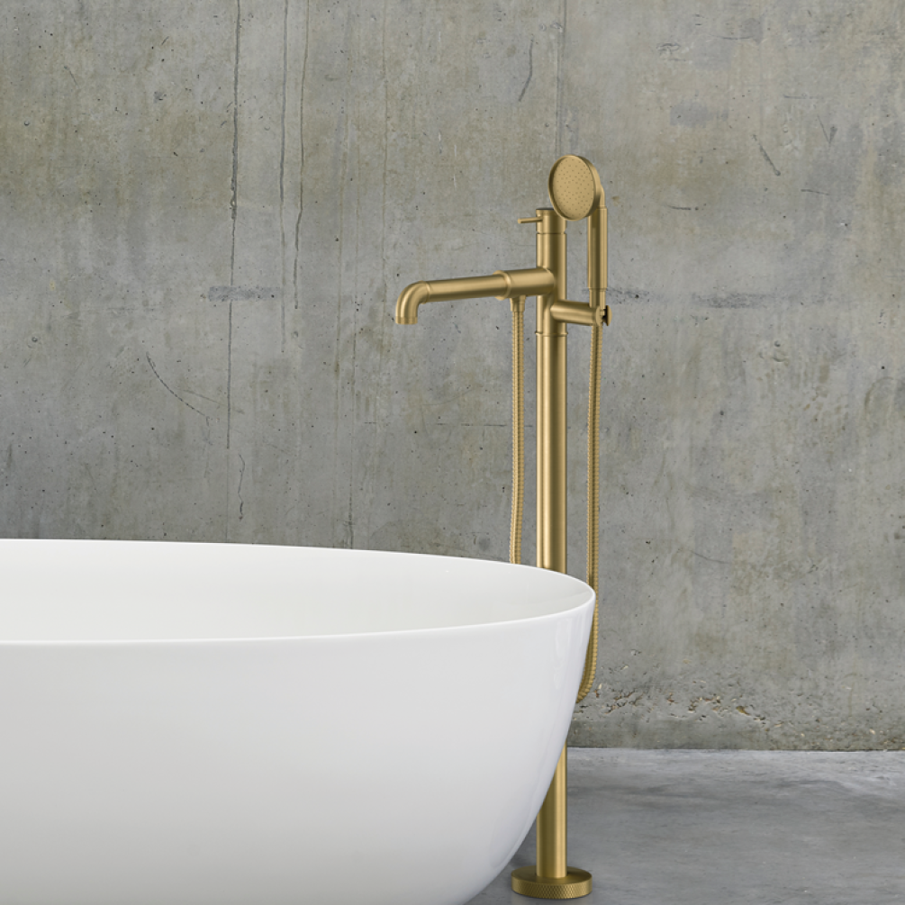 Lifestyle Photo of Crosswater MPRO Industrial Unlacquered Brushed Brass Floorstanding Bath Shower Mixer