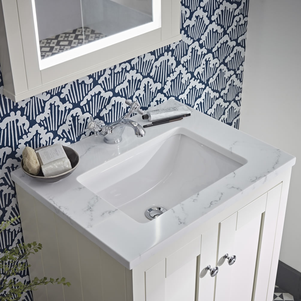 Tavistock Lansdown 600mm Matt Linen White Undermount Vanity Unit & Worktop - Lifestyle Image
