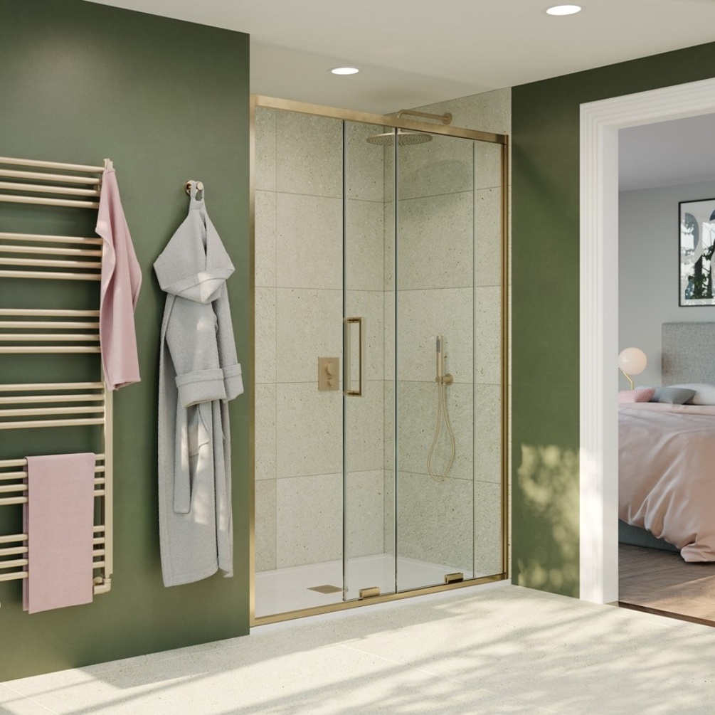 Lifestyle image of the Crosswater Optix 10 Brushed Brass 1400mm Sliding Shower Door & Rectangular Shower Tray