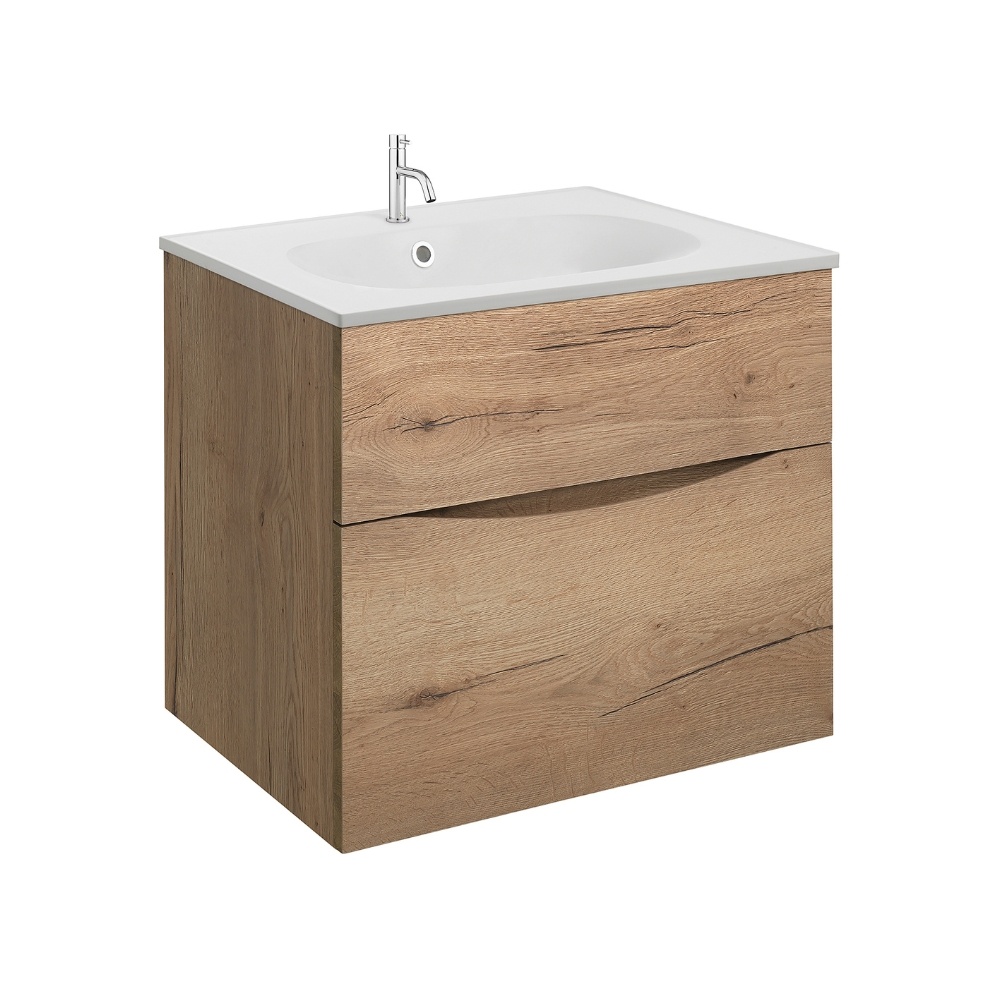 Product Cut out image of the Crosswater Glide II Windsor Oak 600mm Double Drawer Unit with Matt White 1 Tap Hole Basin