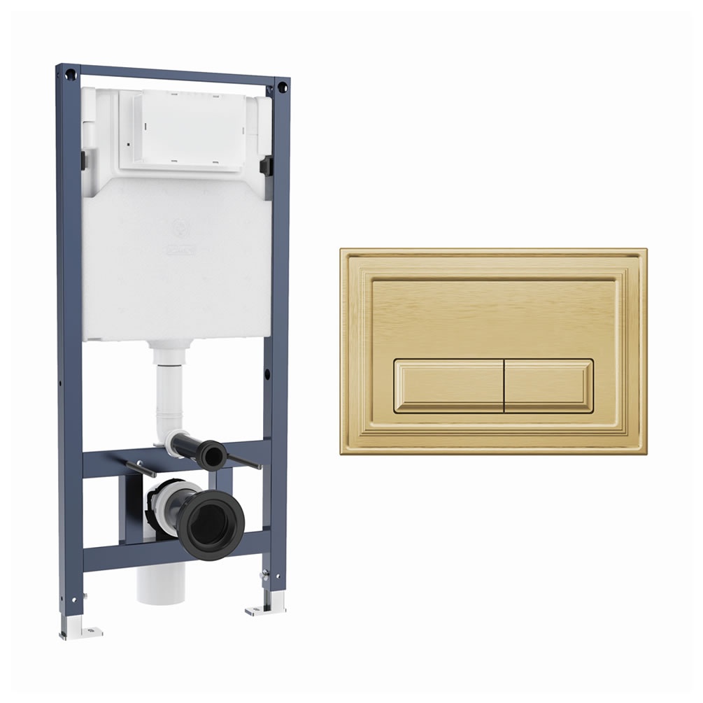 Cutout image of Crosswater 1120mm Wall-Hung Cistern Frame & Belgravia Brushed Brass Dual Flush Plate