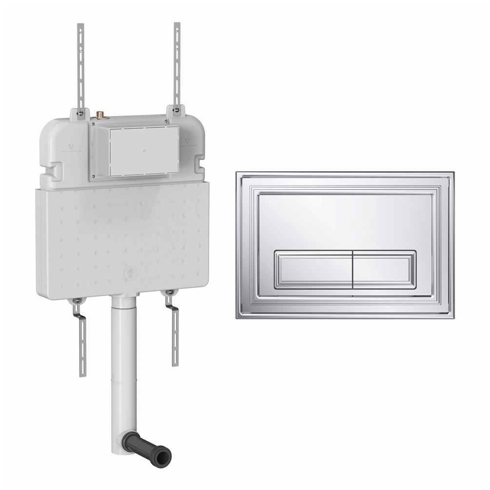 Cutout image of Crosswater 530mm Concealed Back-to-Wall Cistern & Belgravia Chrome Dual Flush Plate