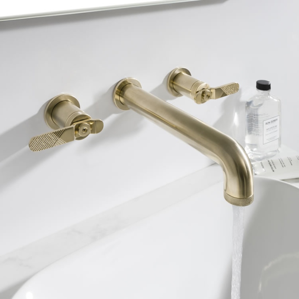 Photo Of Crosswater Union Brushed Brass Wall Mounted 3 Hole Lever Basin Set