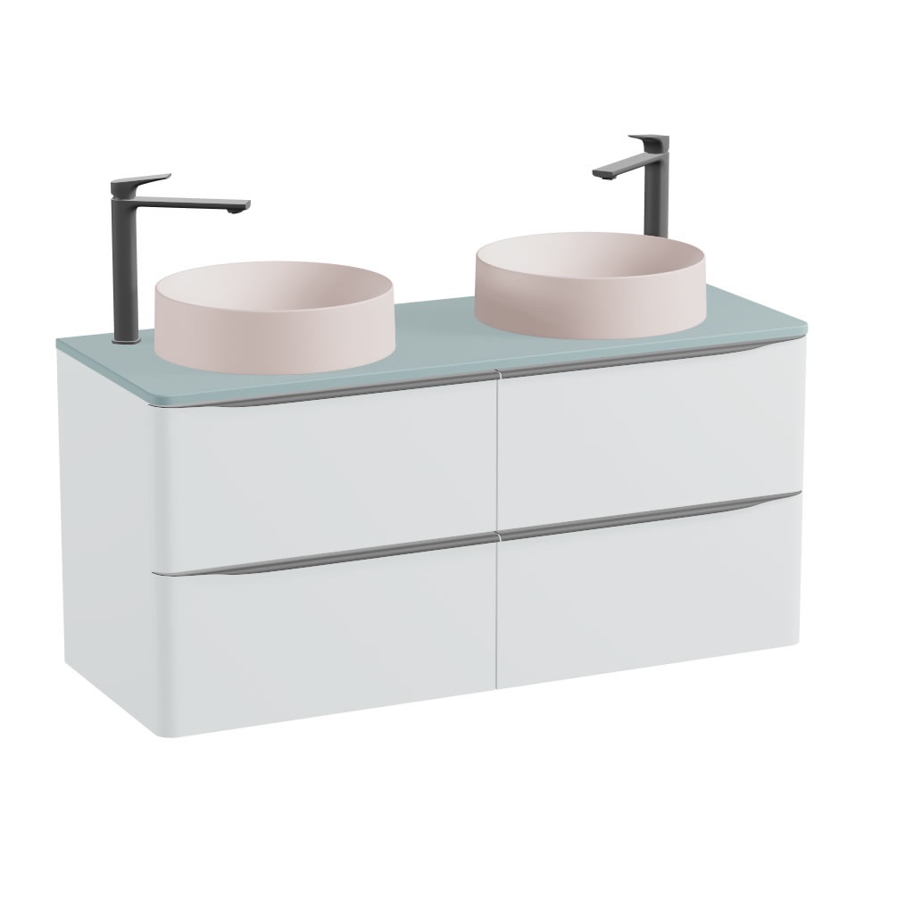 Vado Cameo 1200mm Arctic White Wall Hung 4 Drawer Vanity Unit, Cove Blue Worktop & Pink Basins