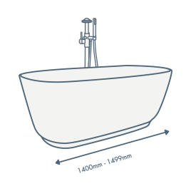 iconography image of a bathtub with 1400mm-1499mm text illustrating this length sized bath