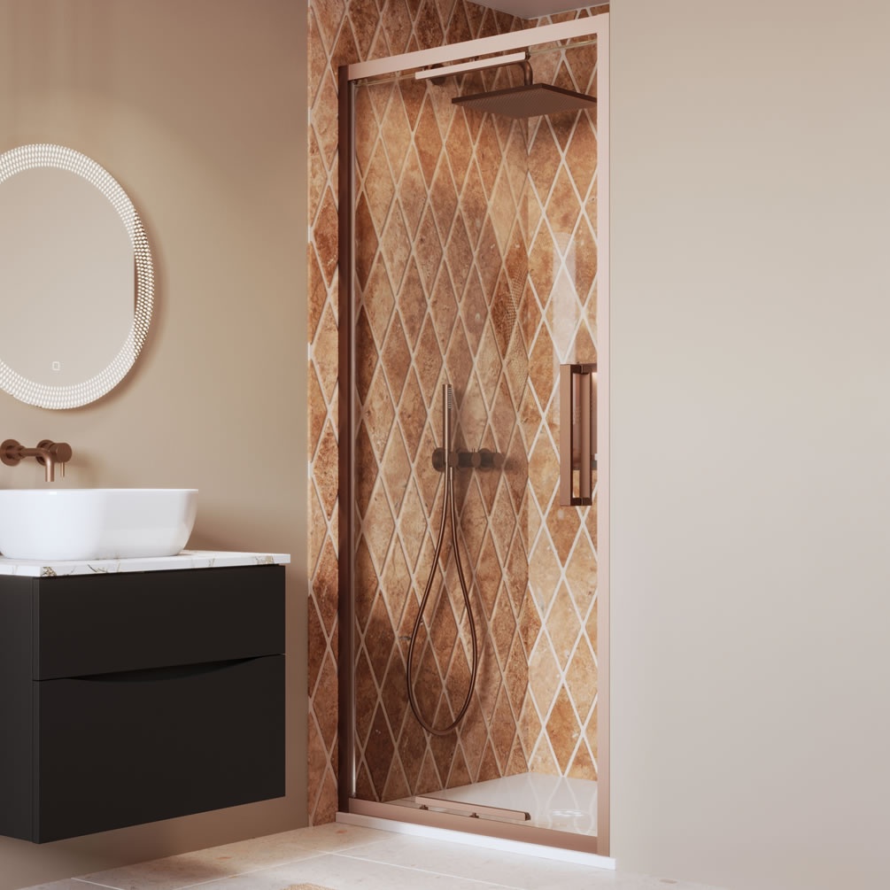 Lifestyle image of Crosswater Asura 8 Brushed Bronze 900mm Infold Shower Door