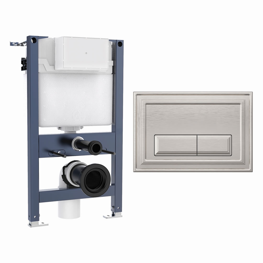 Cutout image of Crosswater 820mm Wall-Hung Cistern Frame & Belgravia Brushed Nickel Dual Flush Plate