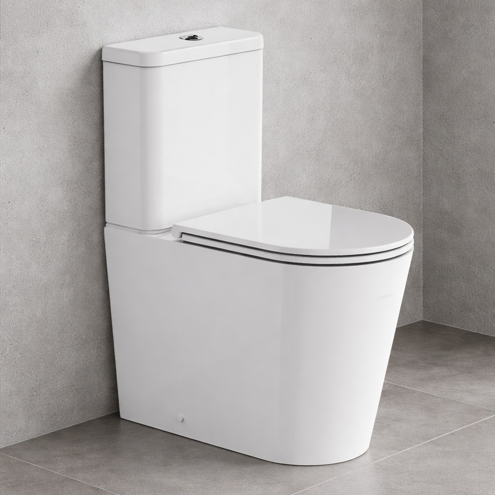 product lifestyle image of Britton Hoxton Round Rimless Close Coupled Toilet and Seat against grey bathroom wall HOX6118RCW HOX7105RCW