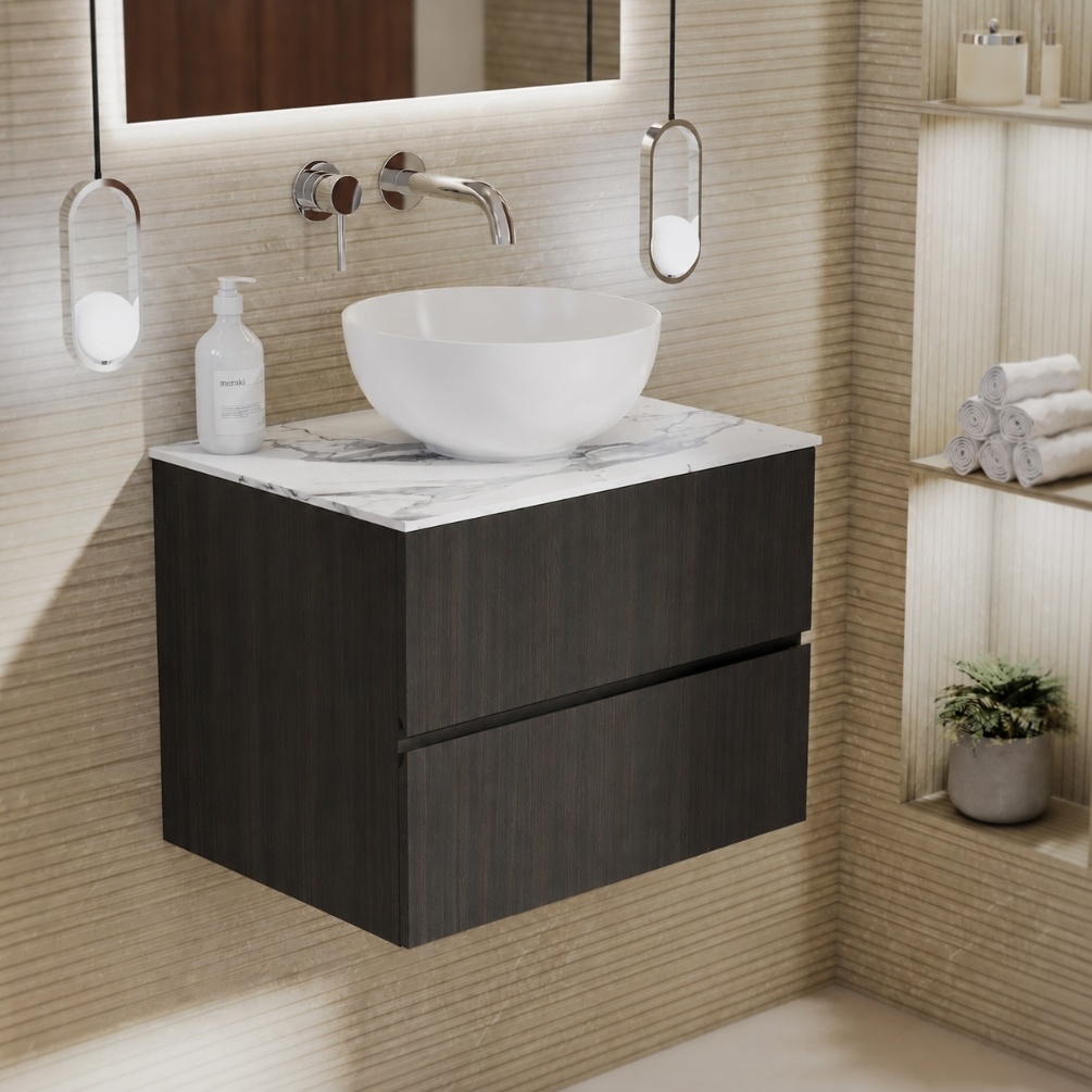 Product lifestyle image of Zero Eucalypto 600mm Double Drawer Unit with Statuario Worktop 1042-BL1162C-130X