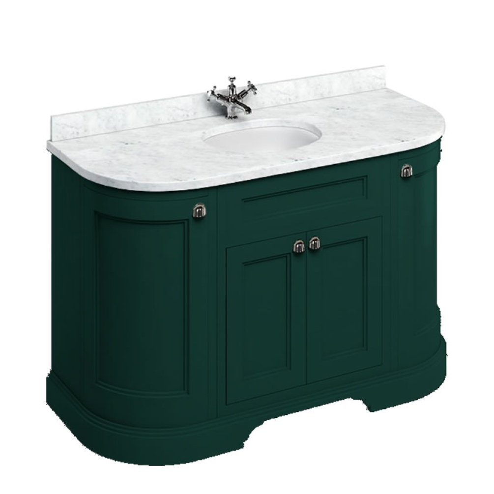 Burlington Minerva 1340mm Curved Worktop & Matt Green Freestanding Vanity Unit with Doors with Carrara White worktop