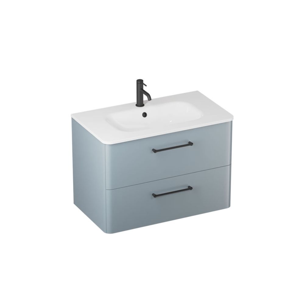Image of Britton Camberwell 800mm double-drawer unit with basin in dusty Blue with matt black handles
