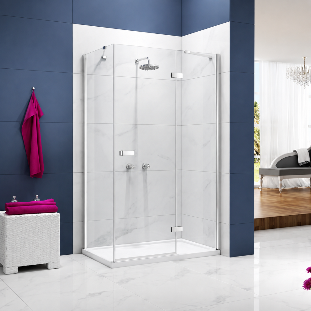 Lifestyle image of the Merlyn Ionic Essence Frameless 1100mm Hinged Shower Door & Inline Panel with Side Panel