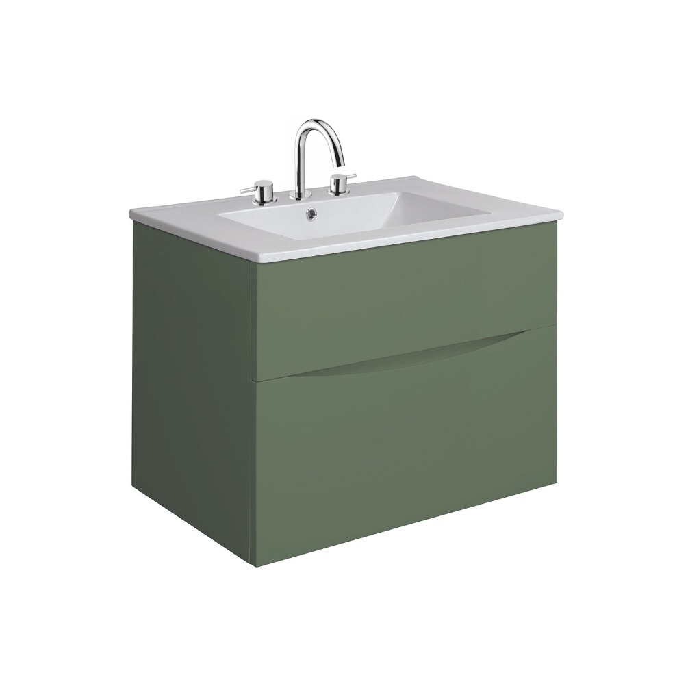 Product Cut out image of the Crosswater Glide II Sage Green 700mm Double Drawer Unit with Ceramic 3 Tap Hole Basin
