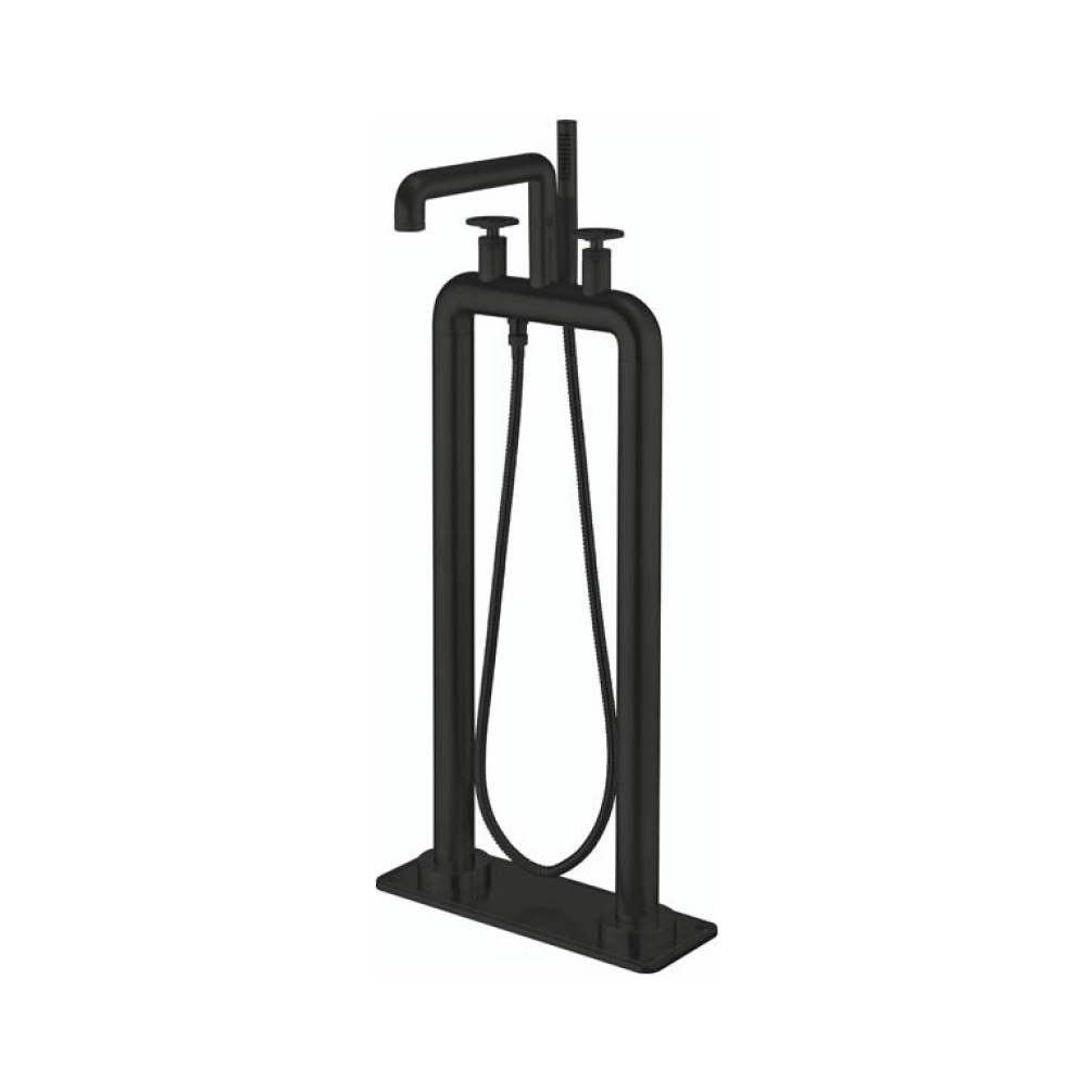 Cutout image of Crosswater UNION Matt Black Freestanding Wheel Bath Shower Mixer with Floor Plate