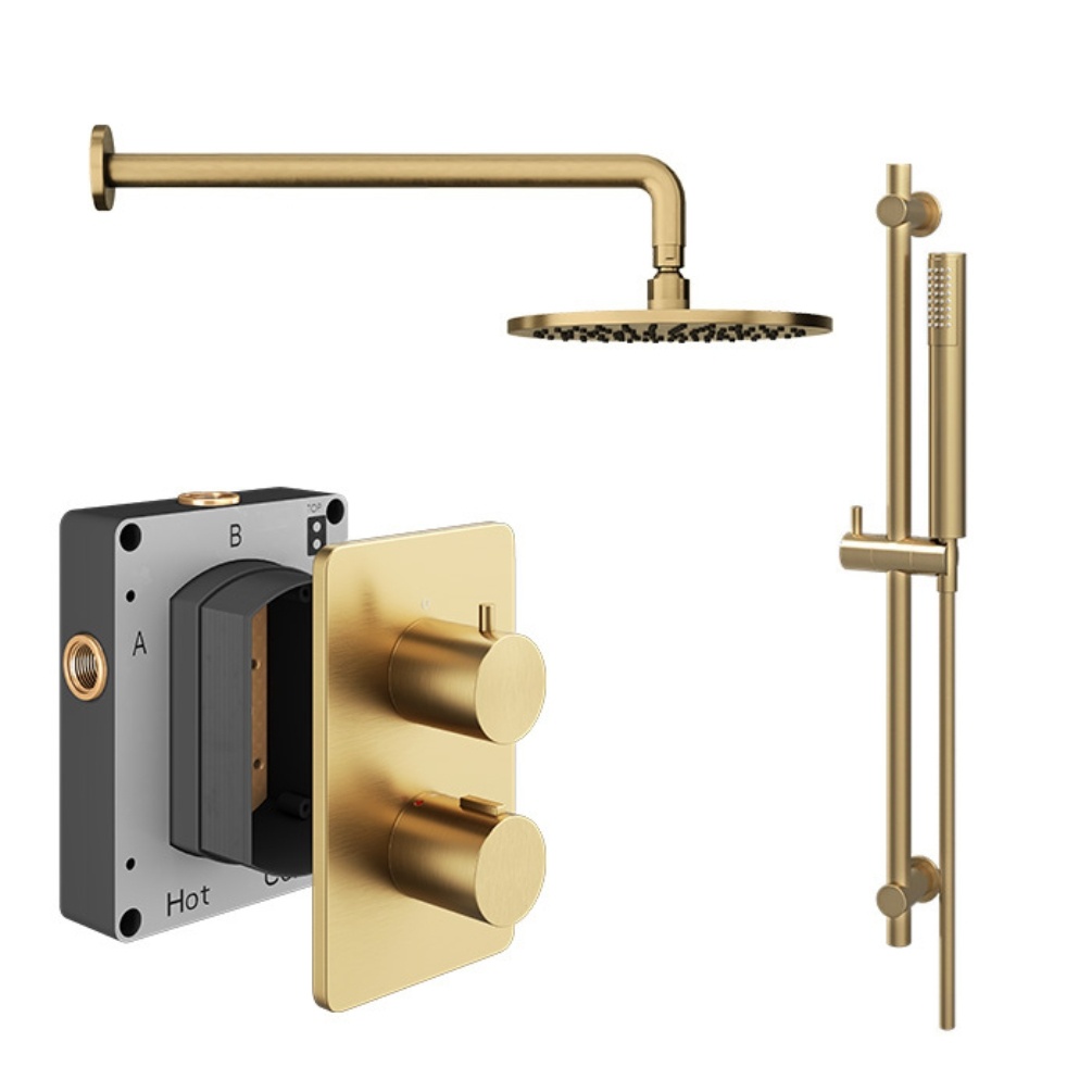 Product cut out image of the Abacus Iso Brushed Brass 2 Outlet Shower Pack with Fixed Head & Slide Rail