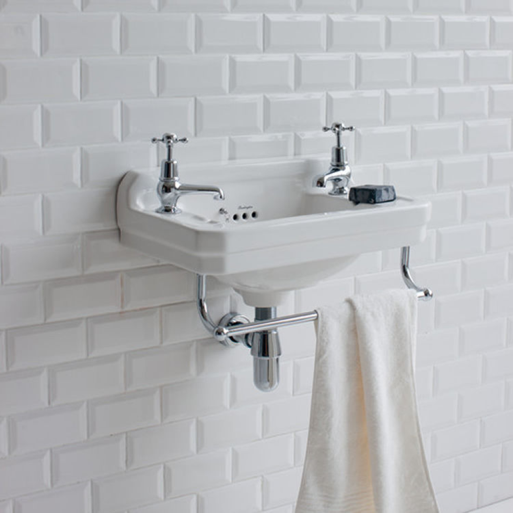 Product Lifestyle image of the Burlington Edwardian Cloakroom Basin with an optional Towel Rail