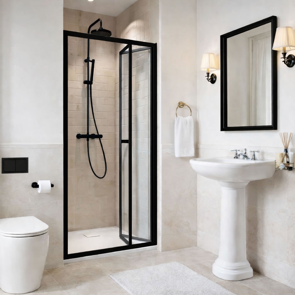 Lifestyle image of Dune Matt Black 800mm Bifold Shower Door
