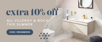 image of a wall hung vanity unit with gold brassware and marble tiles with a pink spotted pattern and text saying extra 10% off all villeroy & boch this summer promo code VBSUMMER26